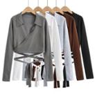 Plain V-neck Long Sleeve Tie-back Cropped T-shirt