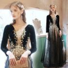 Long-sleeve Glitter Applique A-line Gown