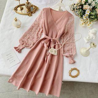 Long-sleeve Chiffon Panel A-line Knit Dress