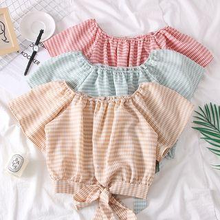Boatneck Ribbon-hem Checked Crop Blouse