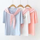 Elbow-sleeve Striped Paneled Smiley Face T-shirt