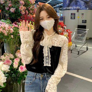 Lace Panel Blouse Black & White - One Size