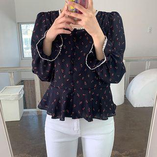 Square-neck Crochet-lace Rosette Peplum Blouse