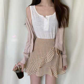 Cardigan / Tank Top / Plaid Mini A-line Skirt