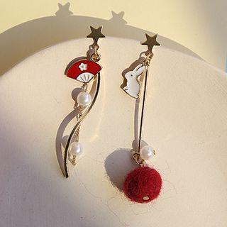 Non-matching Rabbit Fan Faux Pearl & Pompom Dangle Earring As Shown In Figure - One Size
