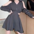 Long-sleeve Cutout Mini A-line Shirt Dress Dark Gray - One Size