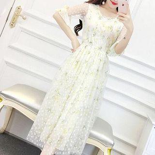 Floral Flared-sleeve Panel Midi Dress