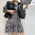 Faux Leather Collared Sleeveless Jacket / Round-neck Floral Dress