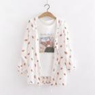 Cartoon Print Hooded Button Jacket White - One Size