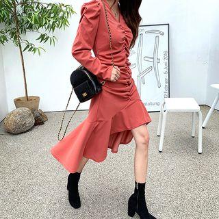 Puff-shoulder Shirred Ruffle-hem Midi Dress