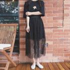 Set: Short-sleeve Embroidered T-shirt Dress + Lace Midi Skirt
