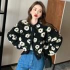 Flower Print Fleece Jacket Black - One Size