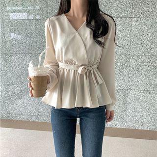 Long-sleeve Tie-waist Peplum Top