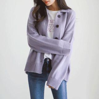 Collared Buttoned Colored Cardigan
