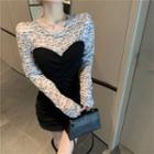 Long-sleeve Lettering Paneled Sheath Dress