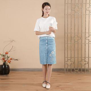 Flower Print Indigo Dyed Pencil Skirt