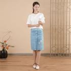 Flower Print Indigo Dyed Pencil Skirt