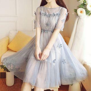 Flower Applique Elbow-sleeve A-line Mesh Dress
