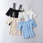 Short-sleeve Off-shoulder Button-up Knit Top