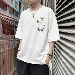 Couple Matching Elbow-sleeve Cat Printed Pocket T-shirt
