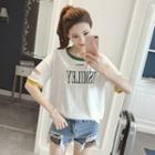 Elbow-sleeve Distressed Applique T-shirt