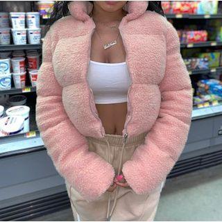 Stand Collar Plain Fleece Cropped Jacket