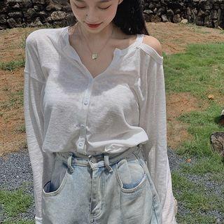 V-neck Off-shoulder Plain T-shirt