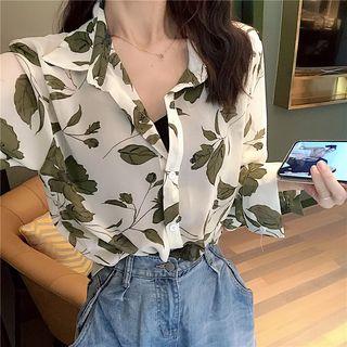 Long-sleeve Printed Chiffon Shirt White - One Size