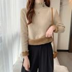 Mock-neck Ruffle Trim Lettered Long-sleeve Fleece Lined Knitted Top