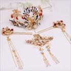 Set : Retro Alloy Tiara + Fringed Hair Stick + Hair Comb Set - Red & Gold - One Size