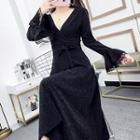 Bell-sleeve V-neck Midi A-line Dress