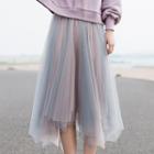 Mesh Midi A-line Skirt Gray & Pink - One Size