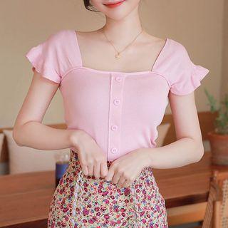 Set: Frilled-sleeve Knit Top + Floral Skort