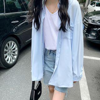 Plain Long-sleeve Chiffon Button Pocket-front Shirt