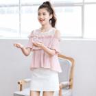 Lace Panel Cut Out Shoulder Layered Short Sleeve Chiffon Top
