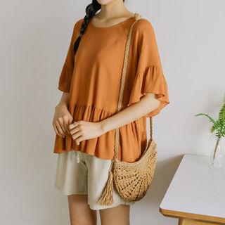 Raglan-sleeve Ruffle-hem Top