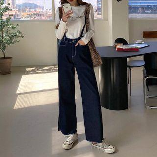 Fray-hem Straight-cut Jeans With Suspenders