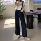 Fray-hem Straight-cut Jeans With Suspenders