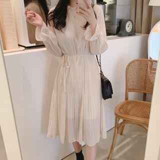 Long-sleeve Mock-neck Tie-waist Midi A-line Dress