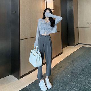 Set: Cropped Sheer Cardigan + Straight Leg Pants