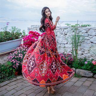3/4-sleeve Printed A-line Maxi Sun Dress