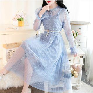 Long-sleeve Lace-panel Beaded Dress