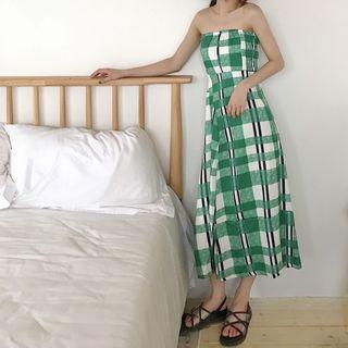 Plaid Midi Tube Dress Green - One Size