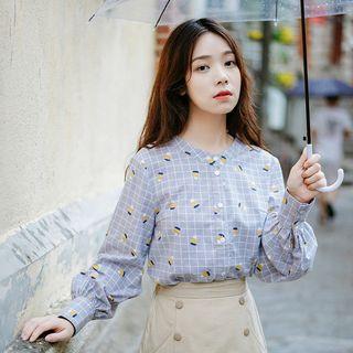 Checked Round-neck Shirt Light Purple - One Size