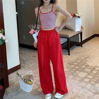 High Waist Plain Wide-leg Pants Red - One Size