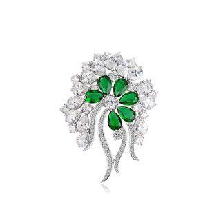 Fashion And Elegant Floral Brooch With Green Cubic Zirconia Silver - One Size