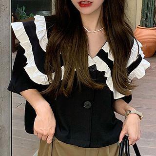 Short-sleeve Two Tone Ruffle Trim Blouse