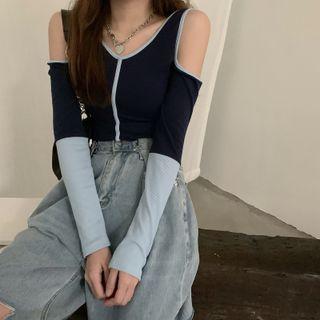 Contrast Trim Off-shoulder Long-sleeve Cropped Top Navy Blue - One Size