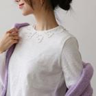 Lace-collar Faux-pearl T-shirt