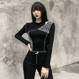 Long-sleeve Face Print Cutout T-shirt